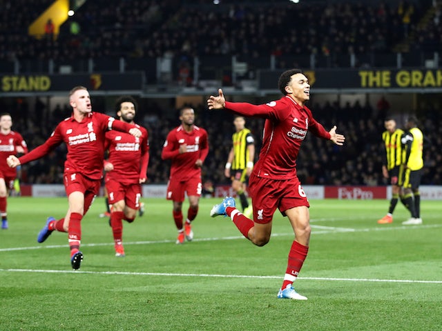 Liverpool's Trent Alexander-Arnold celebrates after scoring during his side's Premier League clash with Watford on November 24, 2018