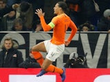 Virgil van Dijk celebrates scoring for Netherlands on November 19, 2018