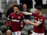 Felipe Anderson celebrates scoring the third with Declan Rice during the Premier League game between Newcastle United and West Ham United on December 1, 2018