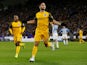 Florin Andone celebrates getting his side's second during the Premier League game between Huddersfield Town and Brighton & Hove Albion on December 1, 2018