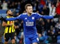 Jamie Vardy celebrates scoring from the spot during the Premier League game between Leicester City and Watford on December 1, 2018