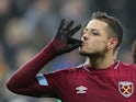 Javier Hernandez celebrates doubling the lead during the Premier League game between Newcastle United and West Ham United on December 1, 2018