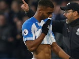 Steve Mounie sees red during the Premier League game between Huddersfield Town and Brighton & Hove Albion on December 1, 2018