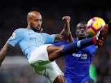 Fabian Delph and N'Golo Kante in action during the Premier League game between Chelsea and Manchester City on December 8, 2018