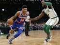 Boston Celtics' Jaylen Brown and New York Knicks' Allonzo Trier in action on December 6, 2018