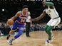 Boston Celtics' Jaylen Brown and New York Knicks' Allonzo Trier in action on December 6, 2018