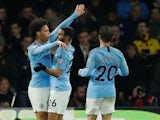 Leroy Sane celebrates scoring the opener during the Premier League game between Manchester City and Watford on December 4, 2018