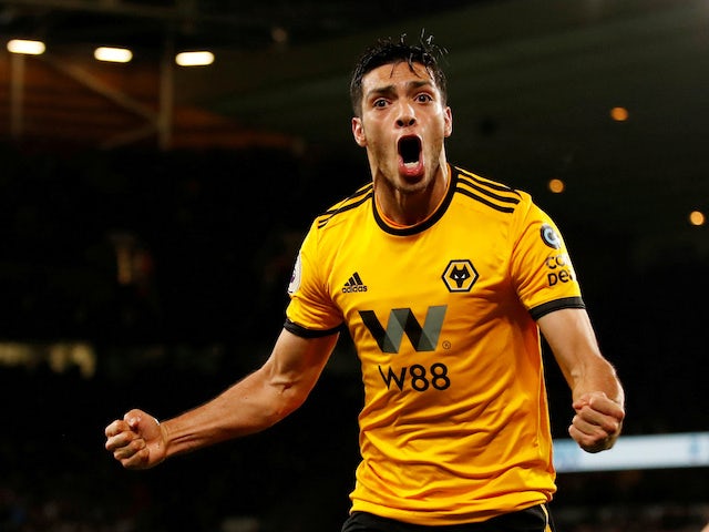 Raul Jimenez celebrates scoring during the Premier League game between Wolverhampton Wanderers and Chelsea on December 5, 2018