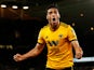 Raul Jimenez celebrates scoring during the Premier League game between Wolverhampton Wanderers and Chelsea on December 5, 2018
