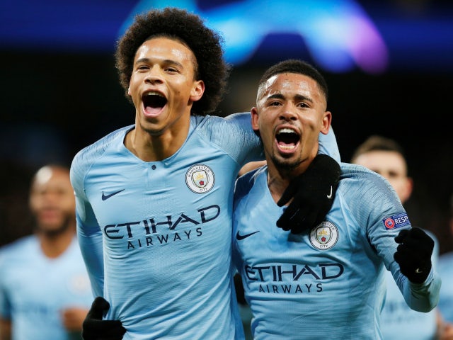 Leroy Sane is joined in celebration by Gabriel Jesus after scoring for Manchester City against Hoffenheim in their Champions League clash on December 12, 2018