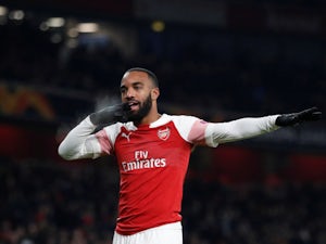 Alexandre Lacazette celebrates Arsenal's opening goal in their Europa League tie with Qarabag FK on December 13, 2018