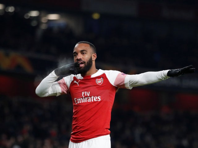 Alexandre Lacazette celebrates Arsenal's opening goal in their Europa League tie with Qarabag FK on December 13, 2018