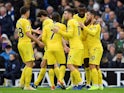 A group of Chelsea players celebrate the second goal during their game at Brighton on December 16, 2018
