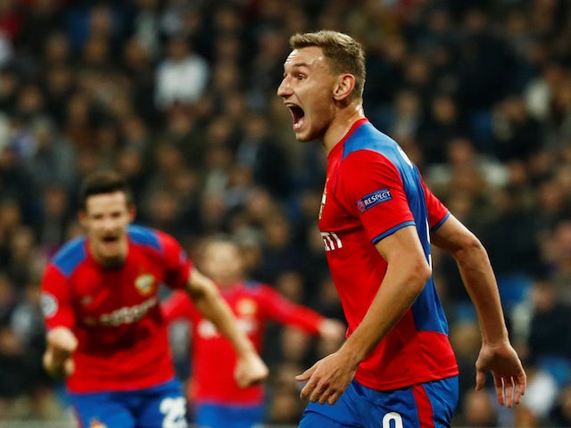 CSKA Moscow forward Fedor Chalev celebrates scoring against Real Madrid on December 12, 2018.