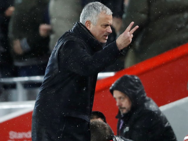 Jose Mourinho reacts to the Reds going back ahead during the Premier League game between Liverpool and Manchester United on December 16, 2018