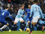 Kyle Walker and Michael Keane in action during the Premier League game between Manchester City and Everton on December 15, 2018