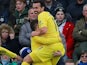 Pedro embraces Eden Hazard after scoring during the Premier League game between Brighton & Hove Albion and Chelsea on December 16, 2018