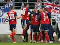 Videoton celebrate taking the lead against Chelsea in the Europa League on December 13, 2018.