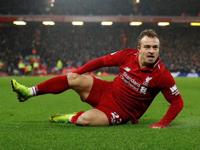 Xherdan Shaqiri channels David Brent after putting Liverpool back ahead during the Premier League game between Liverpool and Manchester United on December 16, 2018