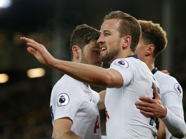 Harry Kane celebrates scoring for Tottenham Hotspur against Everton on December 23, 2018.