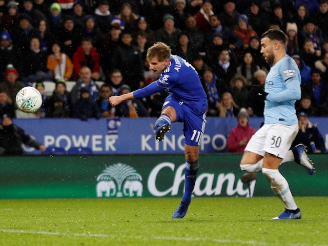 Leicester City's Marc Albrighton scores against Manchester City in the EFL Cup on December 18, 2018