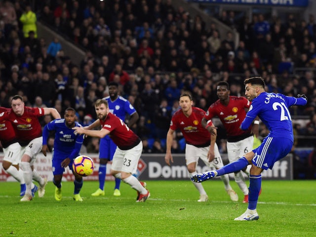 Cardiff City midfielder Victor Camarasa scores from the spot during his side's Premier League clash with Manchester United on December 22, 2018