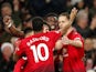 Paul Pogba is mobbed by his teammates after scoring Manchester United's second against Huddersfield Town on December 26, 2018