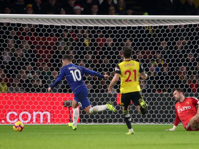 Chelsea's Eden Hazard scores against Watford in the Premier League on December 26, 2018.