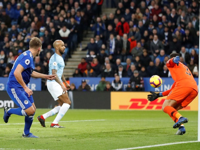 Leicester City's Marc Albrighton scores against Manchester City in the Premier League on December 26, 2018.