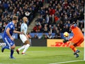 Leicester City's Marc Albrighton scores against Manchester City in the Premier League on December 26, 2018.