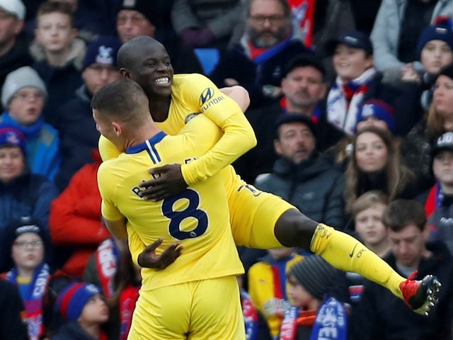N'Golo Kante celebrates scoring the opening goal for Chelsea against Crystal Palace.