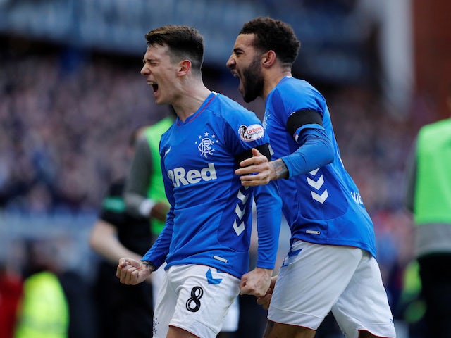 Rangers midfielder Ryan Jack celebrates scoring their first goal against Celtic on December 29, 2018.