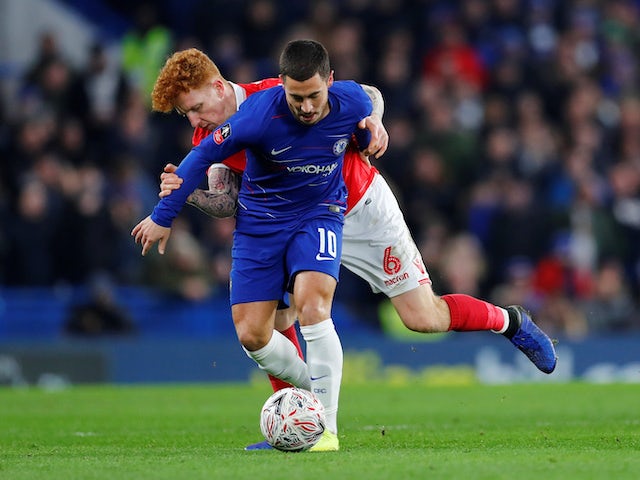 Eden Hazard and Jack Colback in action together during the FA Cup third-round game between Chelsea and Nottingham Forest on January 5, 2019