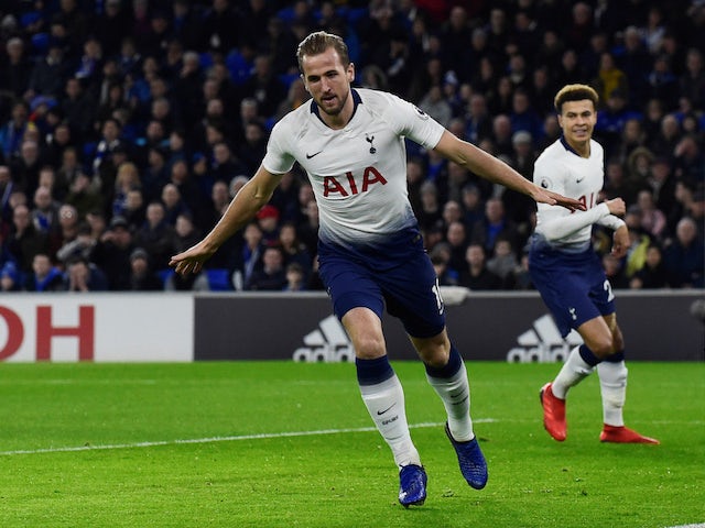Harry Kane celebrates scoring for Tottenham Hotspur against Cardiff City on January 1, 2019.