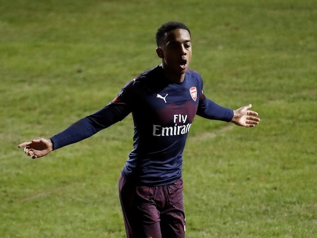 Arsenal attack Joe Willock celebrates scoring against Blackpool in the FA Cup on January 5, 2018