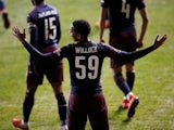 Arsenal attacker Joe Willock celebrates scoring against Blackpool in the FA Cup on January 5, 2018