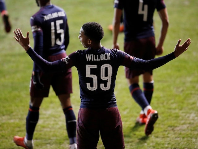 Arsenal attacker Joe Willock celebrates scoring against Blackpool in the FA Cup on January 5, 2018