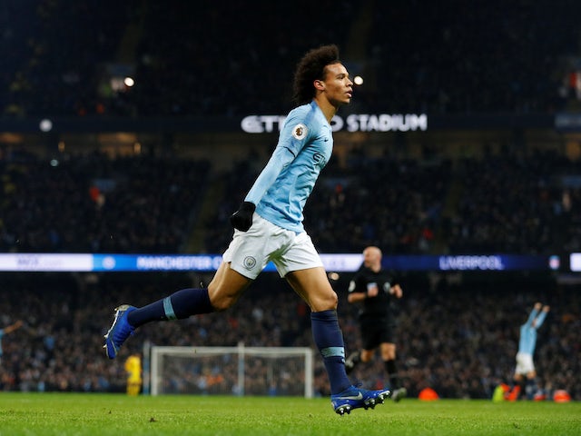 Leroy Sane celebrates putting his side back ahead during the Premier League game between Manchester City and Liverpool on January 3, 2019