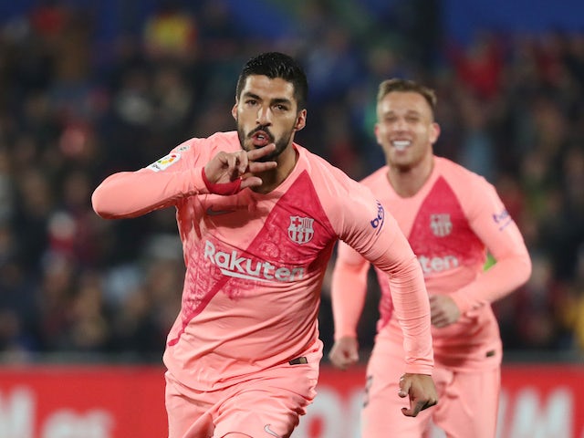 Barcelona forward Luis Suarez celebrates scoring against Getafe on January 6, 2019.