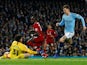 Liverpool striker Sadio Mane fires past Ederson but off the post during their Premier League clash with Manchester City on January 3, 2019