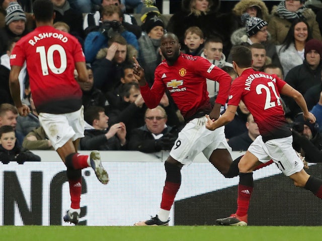 Romelu Lukaku celebrates scoring for Manchester United against Newcastle United in the Premier League on January 2, 2019.