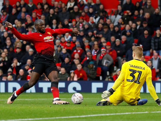 Romelu Lukaku scores the second during the FA Cup third-round game between Manchester United and Reading on January 5, 2019