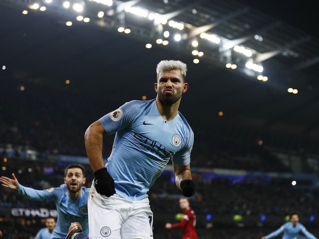 Sergio Aguero celebrates scoring the opener during the Premier League game between Manchester City and Liverpool on January 3, 2019