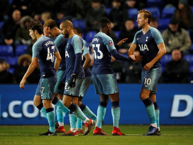 Harry Kane is congratulated by his teammates after scoring Tottenham Hotspur's seventh goal in the FA Cup tie against Tranmere Rovers on January 4, 2019