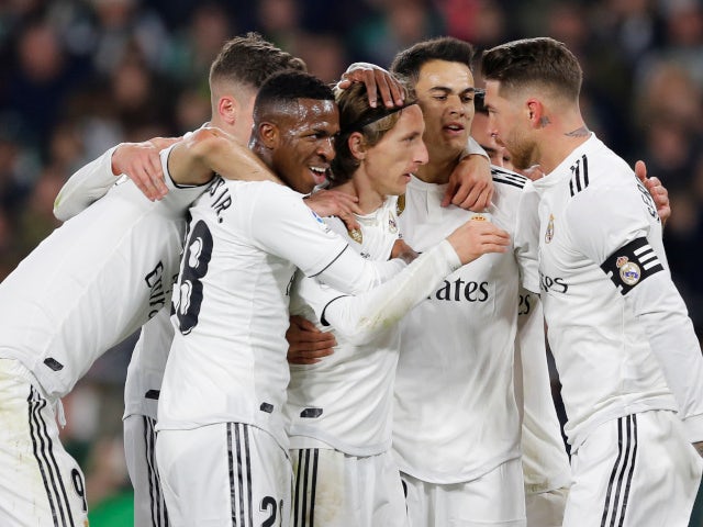 Real Madrid celebrate their opening goal against Real Betis in La Liga on January 13, 2019.