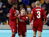 Divock Origi celebrates scoring a short-lived equaliser during the FA Cup third-round game between Wolverhampton Wanderers and Liverpool on January 7, 2019
