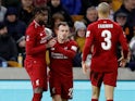 Divock Origi celebrates scoring a short-lived equaliser during the FA Cup third-round game between Wolverhampton Wanderers and Liverpool on January 7, 2019