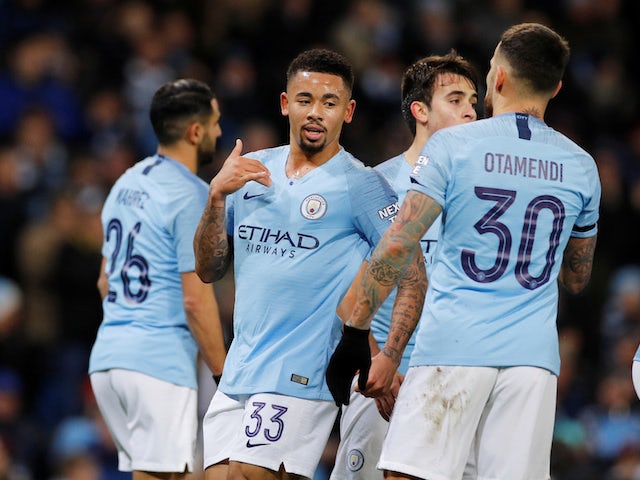 Gabriel Jesus celebrates scoring the second during the EFL Cup semi-final game between Manchester City and Burton Albion on January 9, 2019