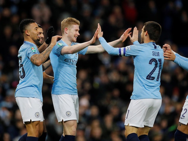 Kevin De Bruyne celebrates scoring the opener during the EFL Cup semi-final game between Manchester City and Burton Albion on January 9, 2019
