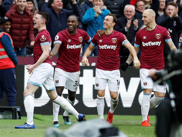 West Ham midfielder Declan Rice celebrates scoring with teammates during his side's Premier League clash with Arsenal on January 12, 2019